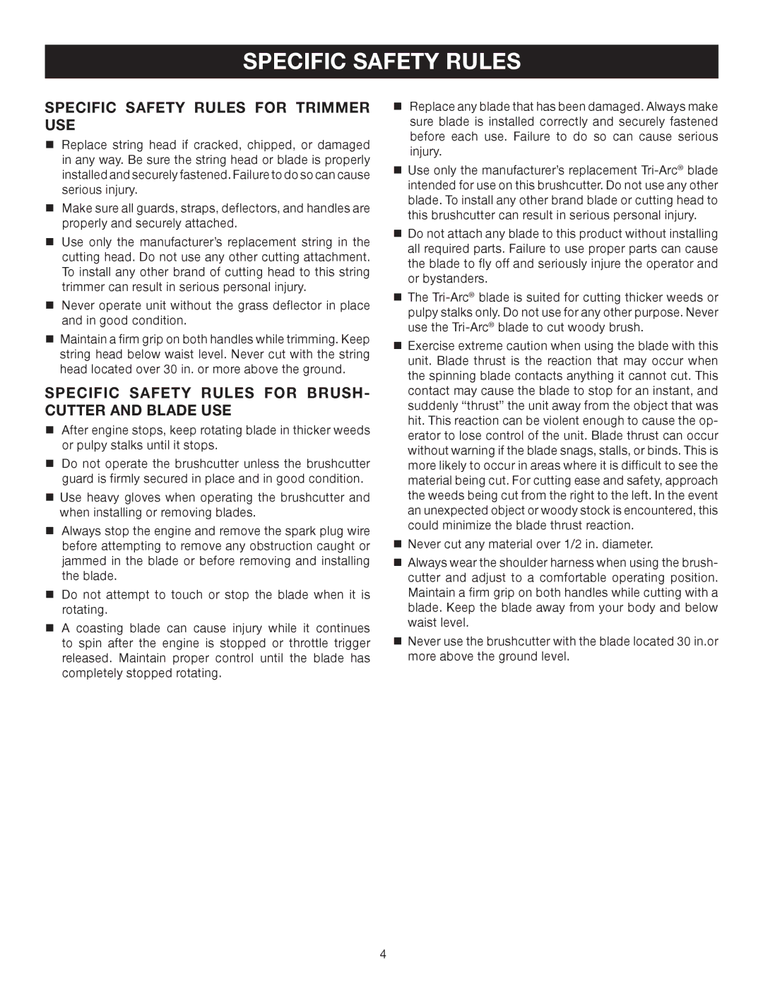 Ryobi RY30520, SS30 manual Specific Safety Rules for Trimmer USE, Specific Safety Rules for BRUSH- Cutter and Blade USE 