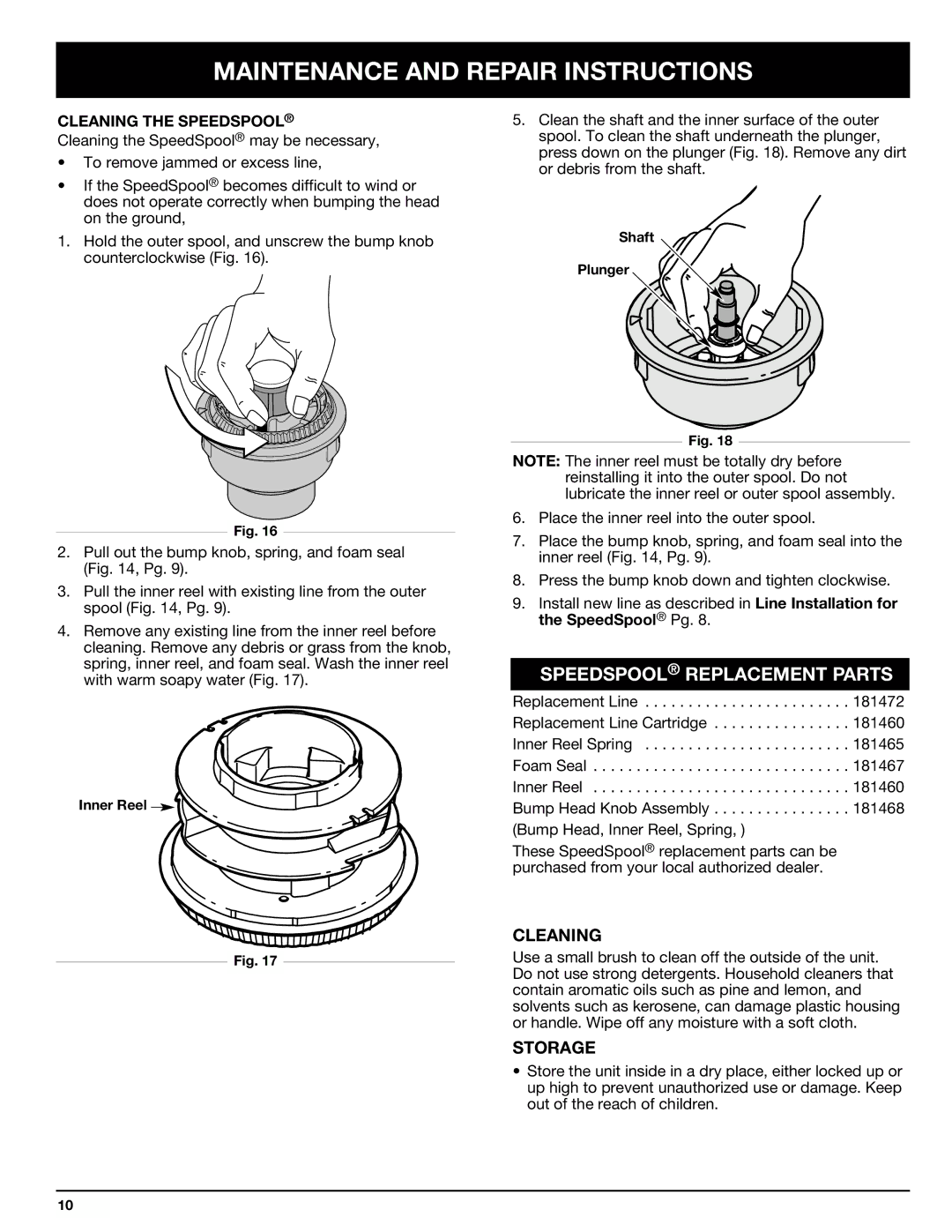 Ryobi SS725r manual Speedspool Replacement Parts, Storage, Cleaning the Speedspool 