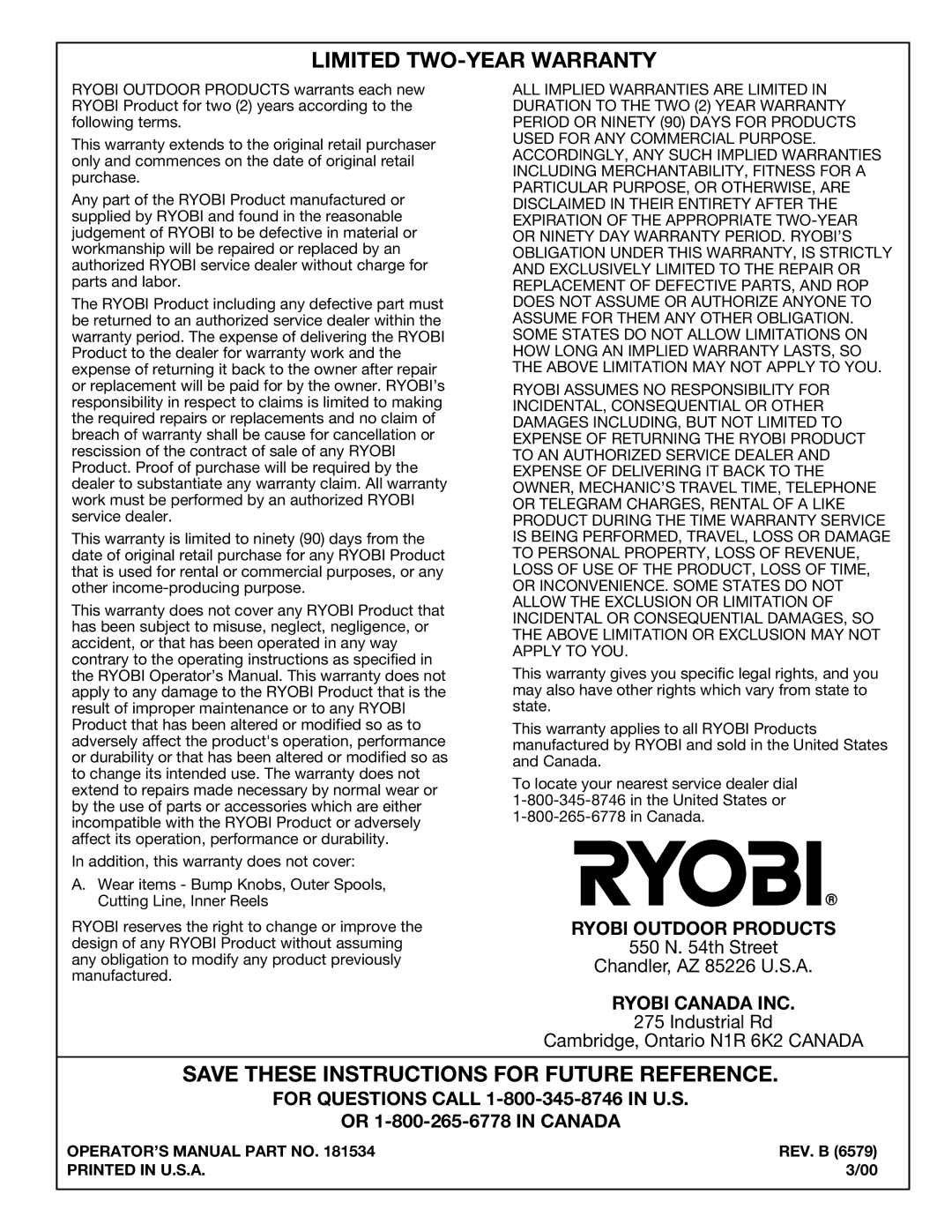 Ryobi SS725r manual OPERATOR’S Manual Part no, Rev. B 