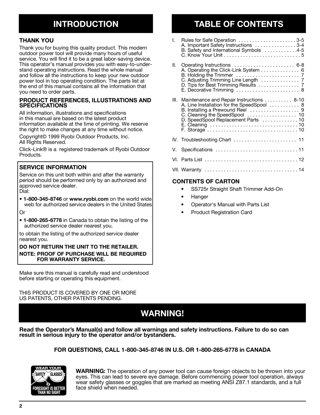 Ryobi SS725r manual Introduction Table of Contents 