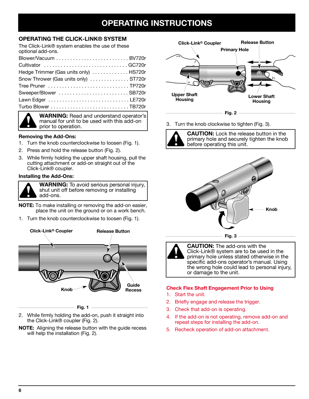 Ryobi SS725r manual Operating Instructions, Operating the CLICK-LINK System, Removing the Add-Ons, Installing the Add-Ons 