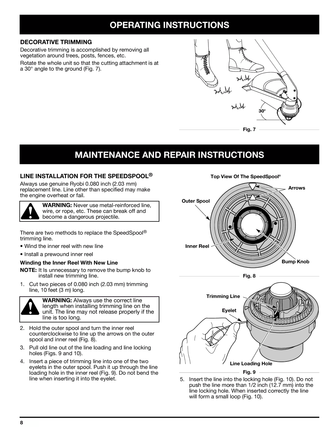 Ryobi SS725r manual Maintenance and Repair Instructions, Decorative Trimming, Line Installation for the Speedspool 