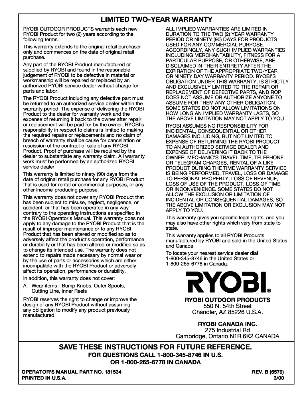 Ryobi SS725r Limited Two-Year Warranty, Save These Instructions For Future Reference, Ryobi Outdoor Products, Rev. B, 3/00 