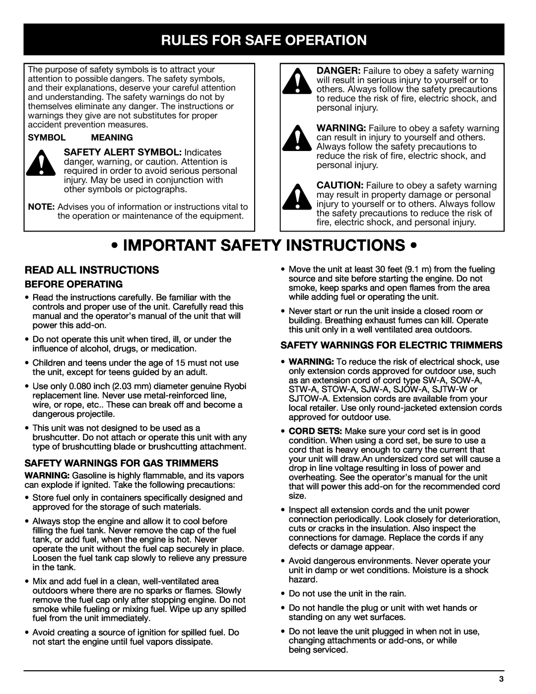 Ryobi SS725r manual Rules For Safe Operation, Read All Instructions, Before Operating, Safety Warnings For Gas Trimmers 