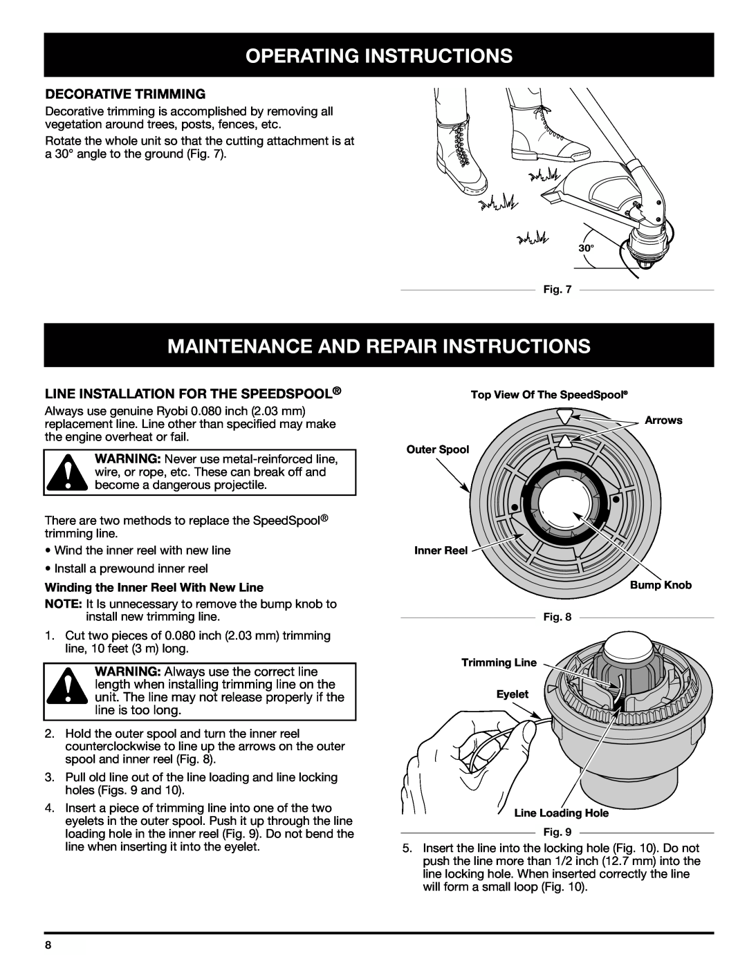 Ryobi SS725r manual Maintenance And Repair Instructions, Decorative Trimming, Line Installation For The Speedspool 