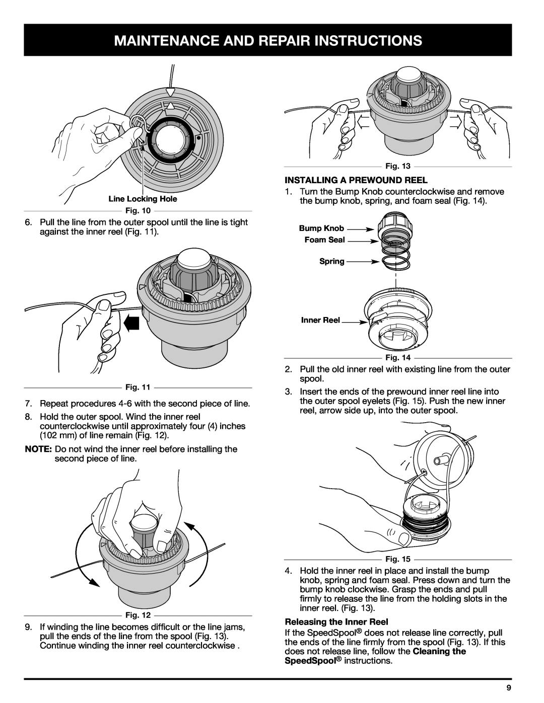 Ryobi SS725r manual Maintenance And Repair Instructions, Installing A Prewound Reel, Releasing the Inner Reel 