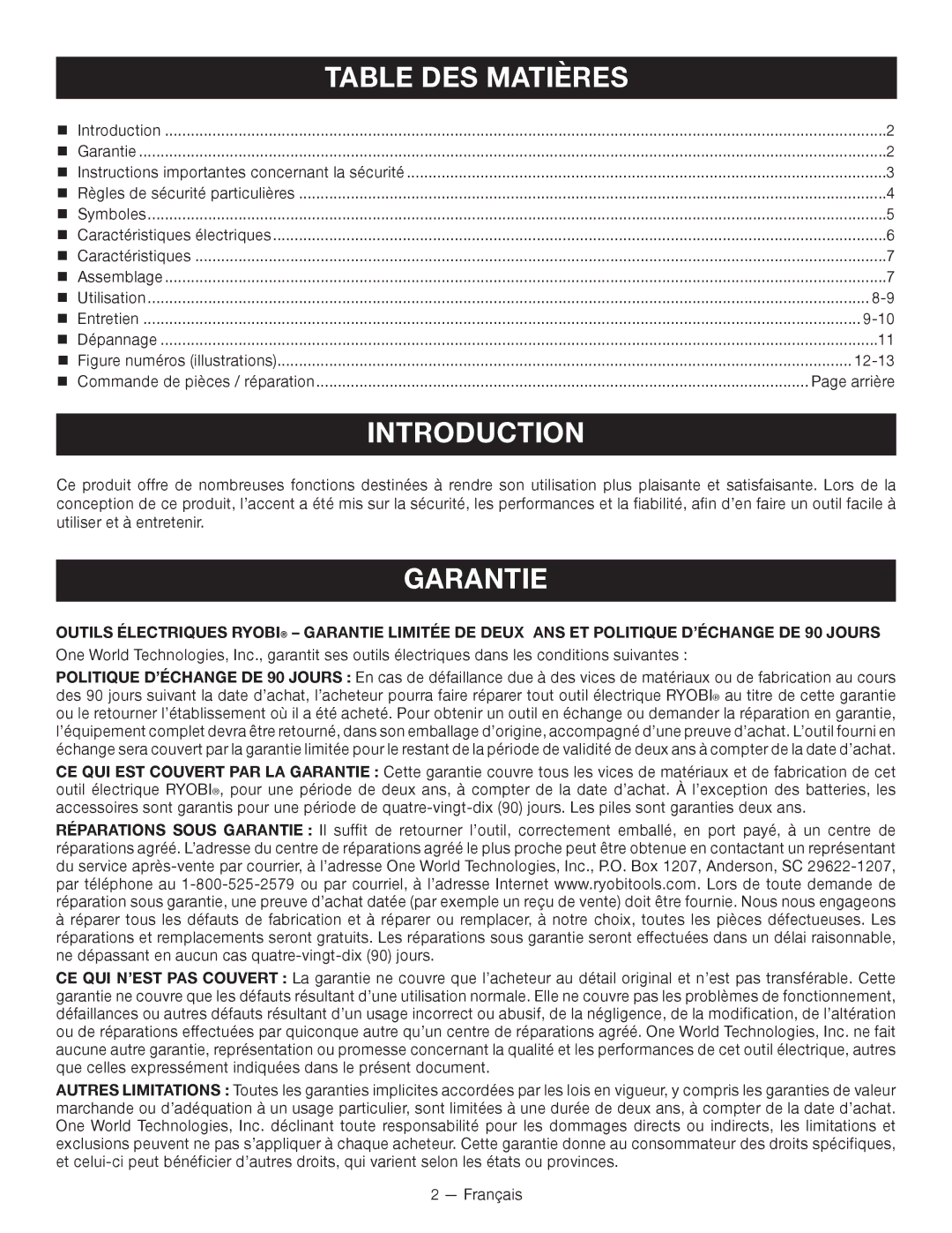 Ryobi SSP0501 manuel dutilisation Table DES Matières, Garantie, Arrière 