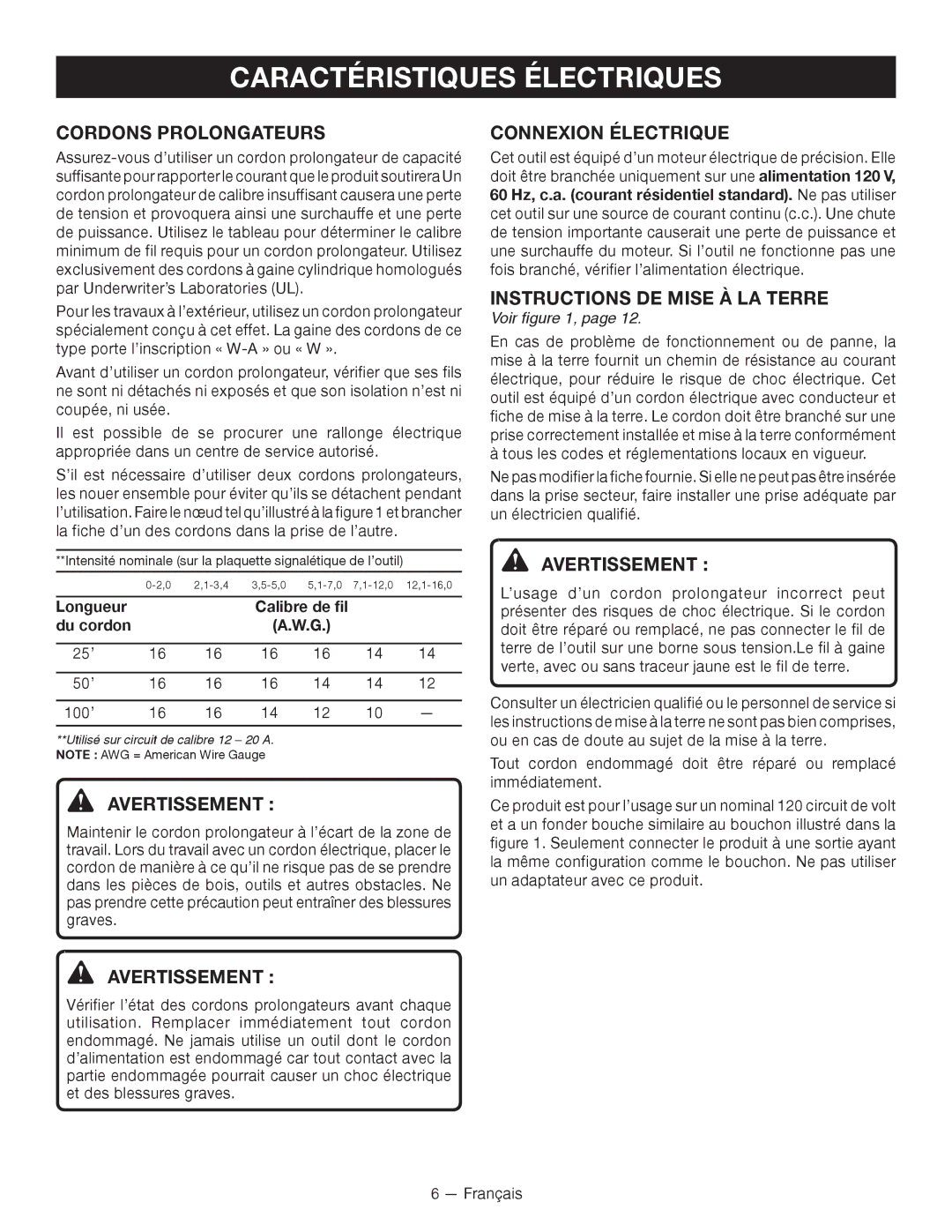 Ryobi SSP0501 Caractéristiques Électriques, Cordons Prolongateurs, Connexion Électrique, Instructions DE Mise À LA Terre 