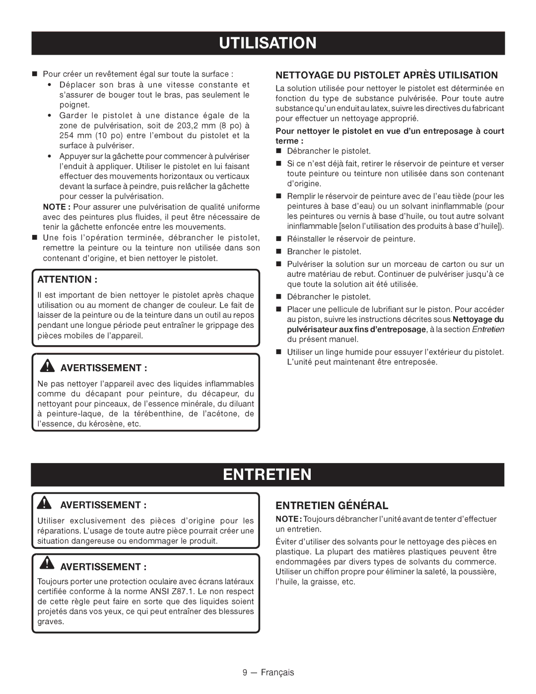 Ryobi SSP0501 manuel dutilisation Entretien Général, Nettoyage DU Pistolet Après Utilisation, Avertissement 