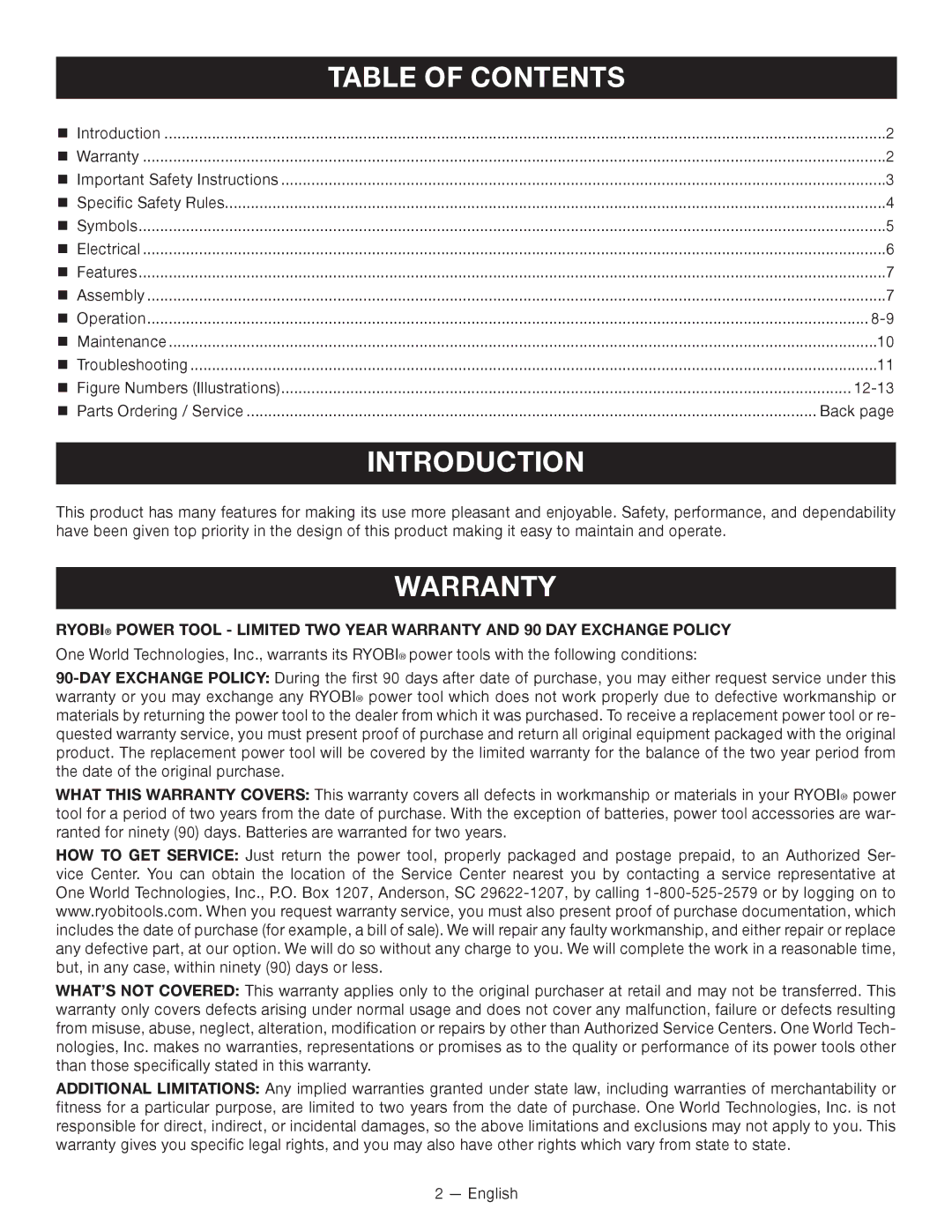 Ryobi SSP0501 manuel dutilisation Introduction, Warranty 