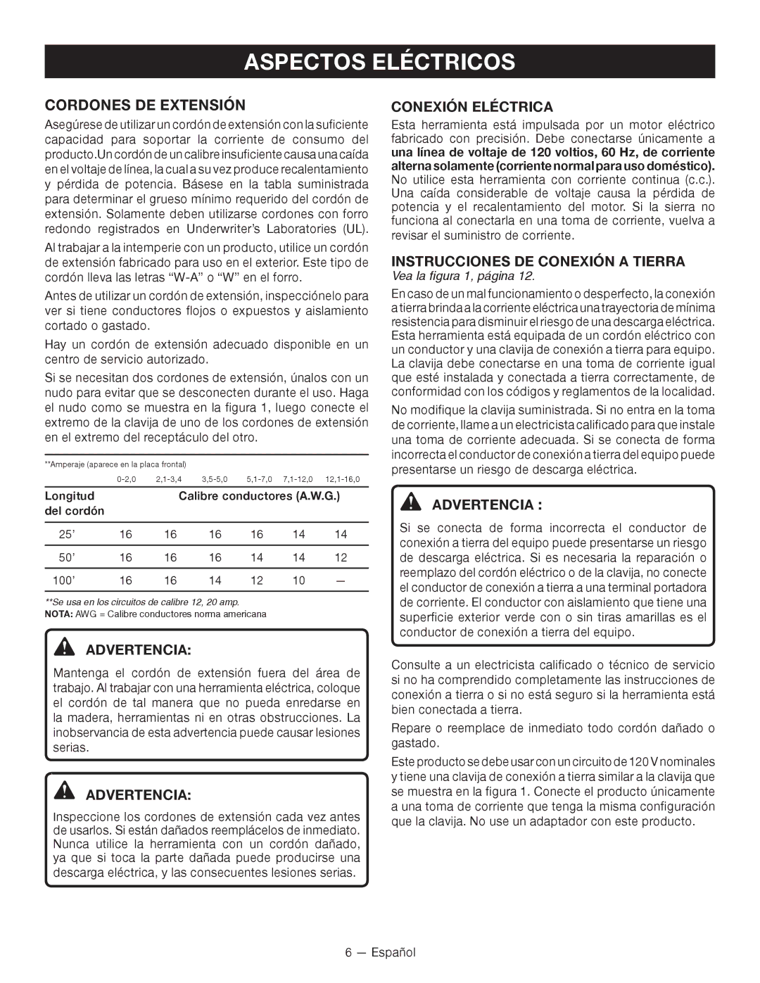 Ryobi SSP0501 Aspectos Eléctricos, Cordones DE Extensión, Conexión Eléctrica, Instrucciones DE Conexión a Tierra 