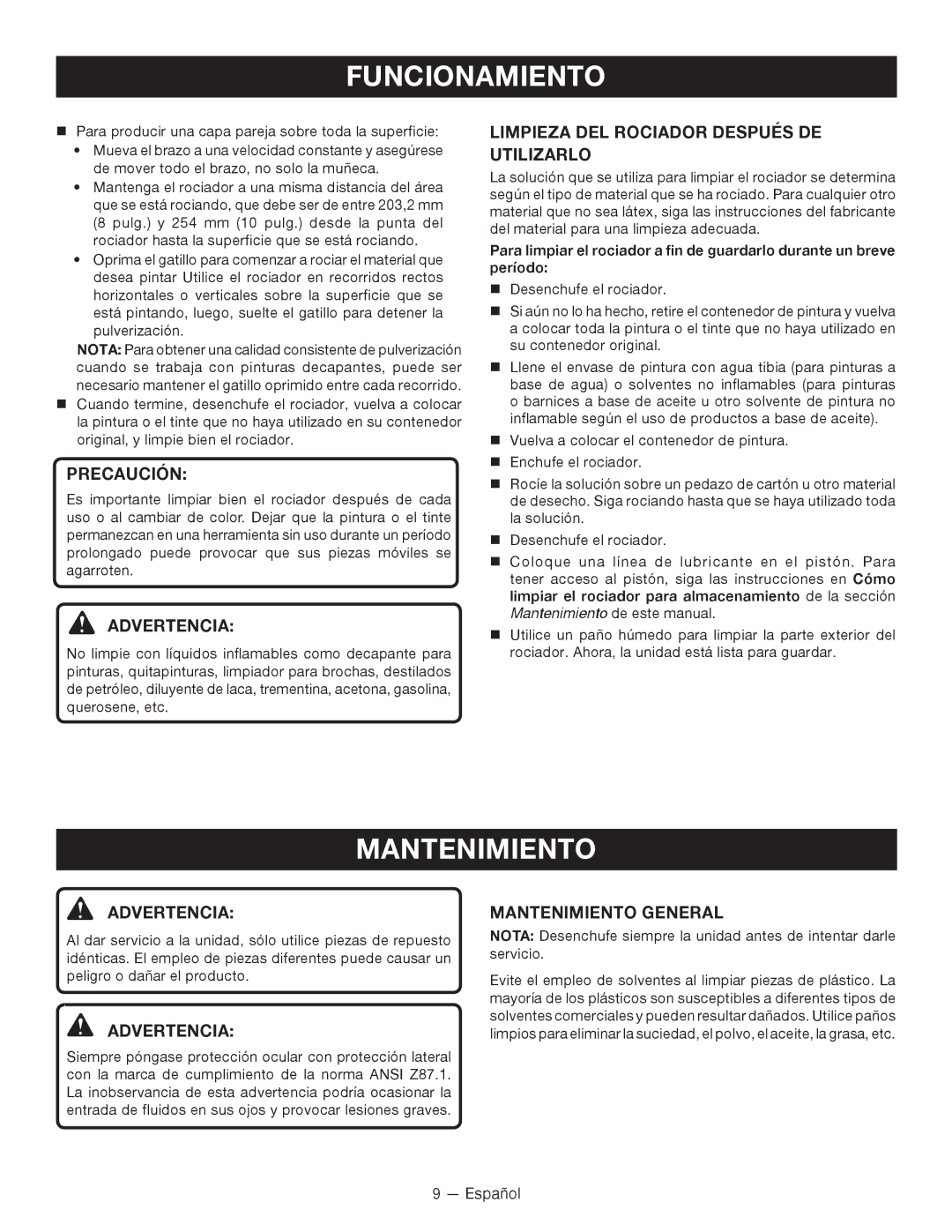 Ryobi SSP0501 manuel dutilisation Precaución, Limpieza DEL Rociador Después DE Utilizarlo, Mantenimiento General 