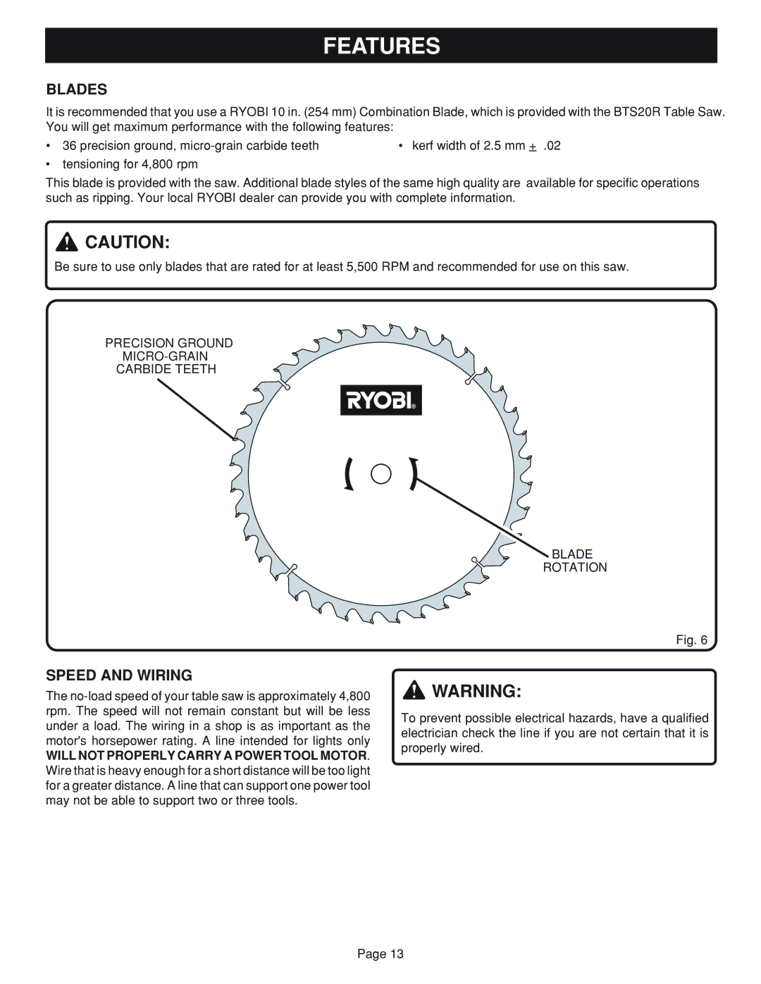 Ryobi Table Saw manual Blades, Speed and Wiring, Precision Ground MICRO-GRAIN Carbide Teeth Blade Rotation 