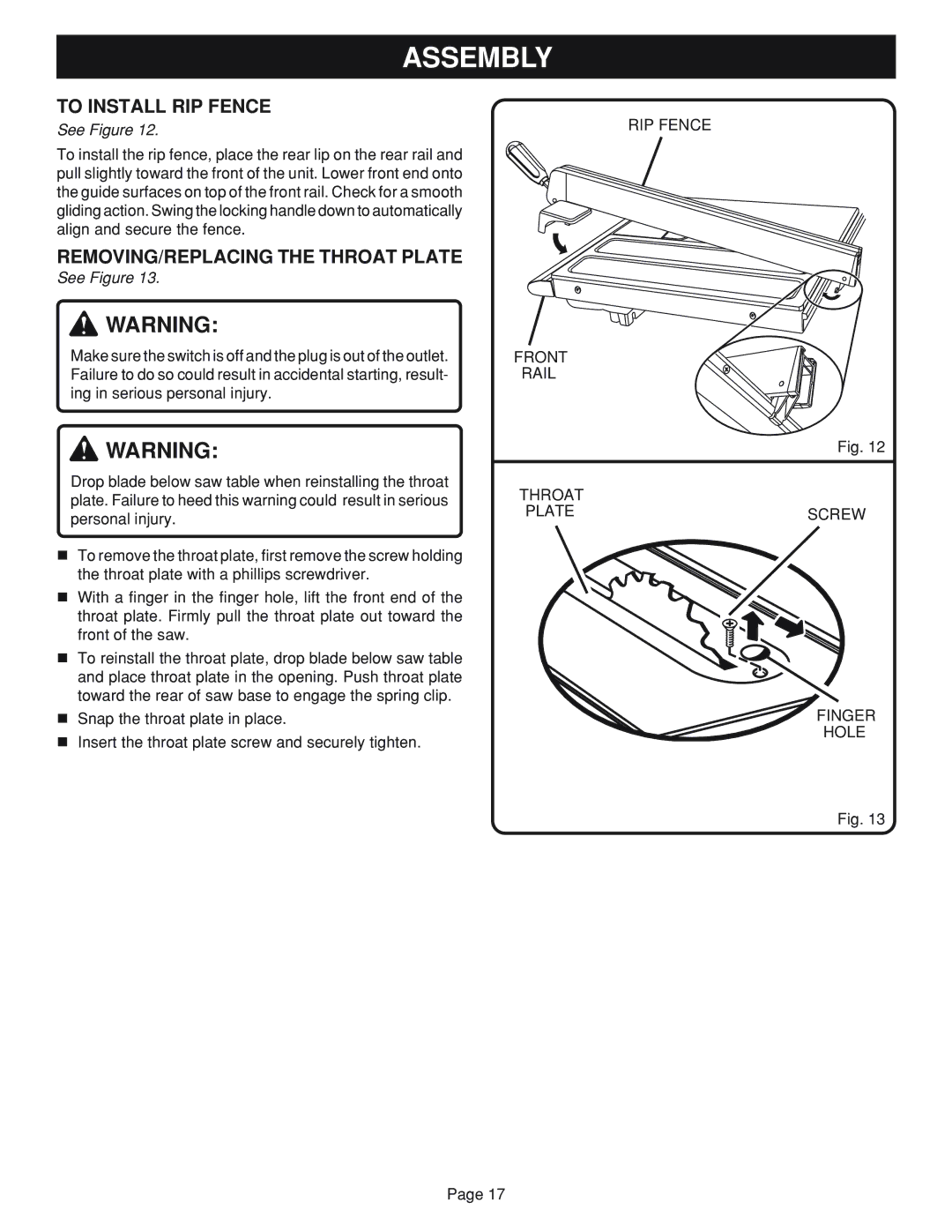 Ryobi Table Saw manual To Install RIP Fence, REMOVING/REPLACING the Throat Plate, RIP Fence Front Rail, Finger Hole 