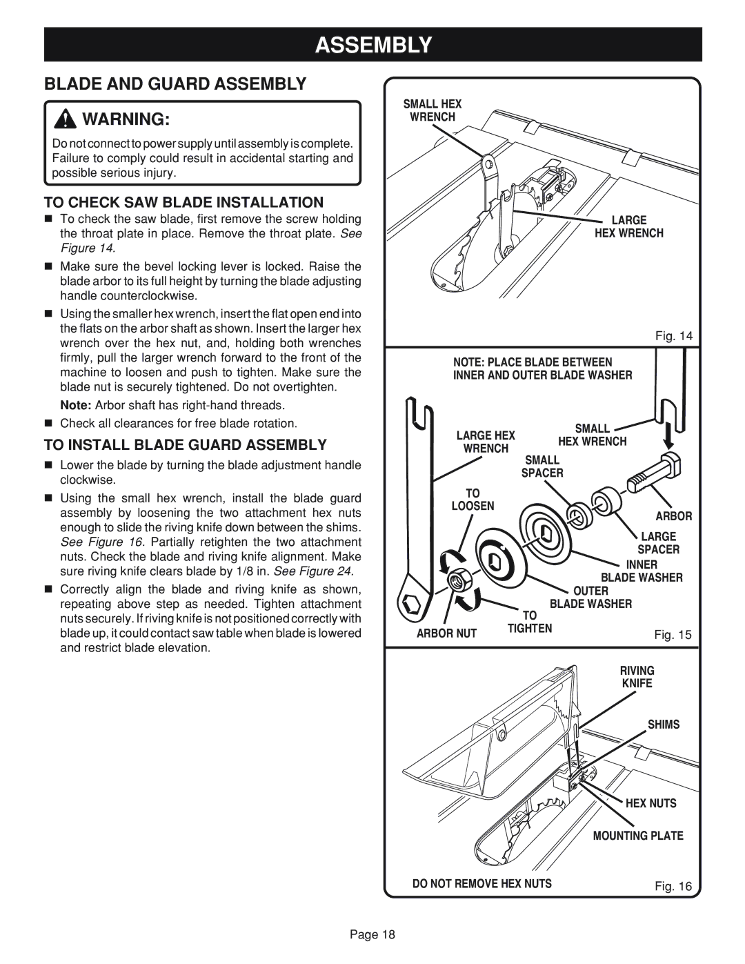 Ryobi Table Saw manual To Check SAW Blade Installation, To Install Blade Guard Assembly 