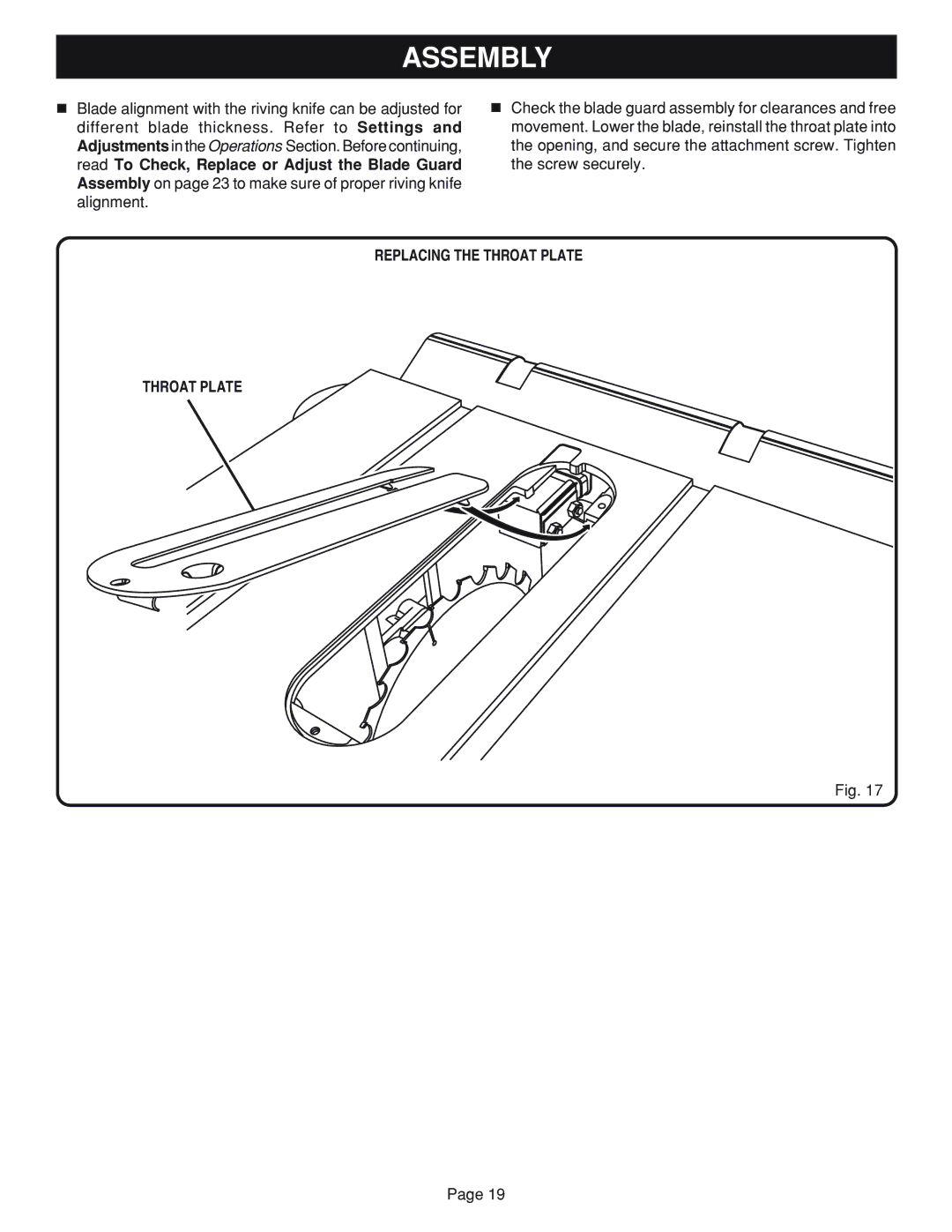 Ryobi Table Saw manual Replacing the Throat Plate 