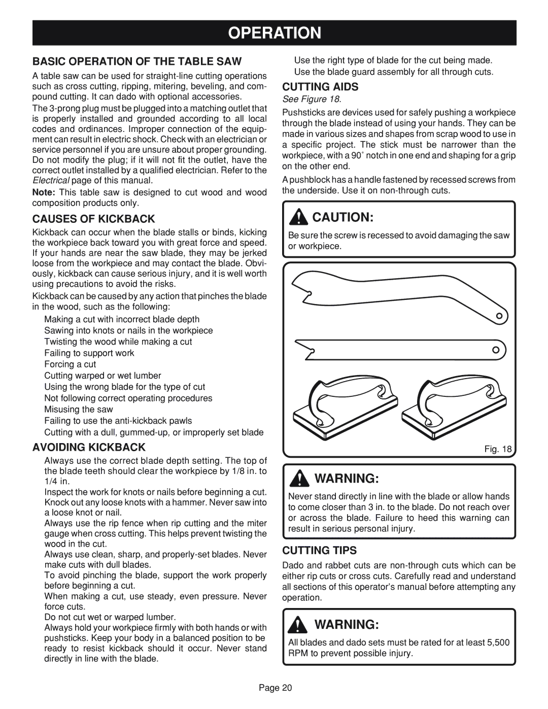 Ryobi Table Saw manual Operation 