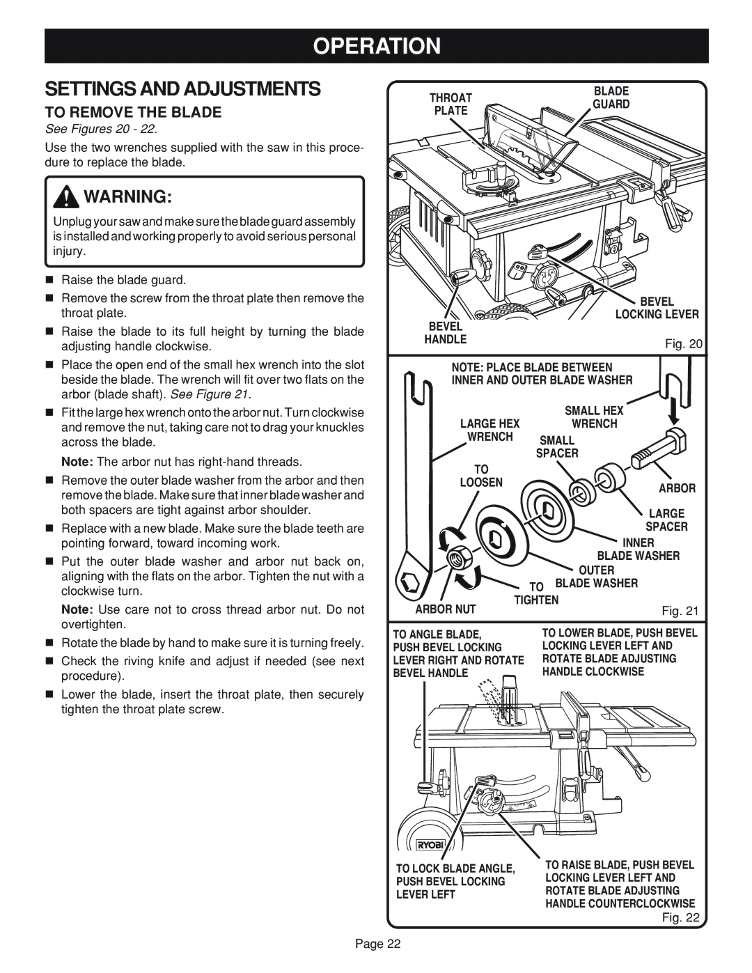 Ryobi Table Saw manual To Remove the Blade, Blade Throatguard Plate, Push Bevel Locking Locking Lever Left 