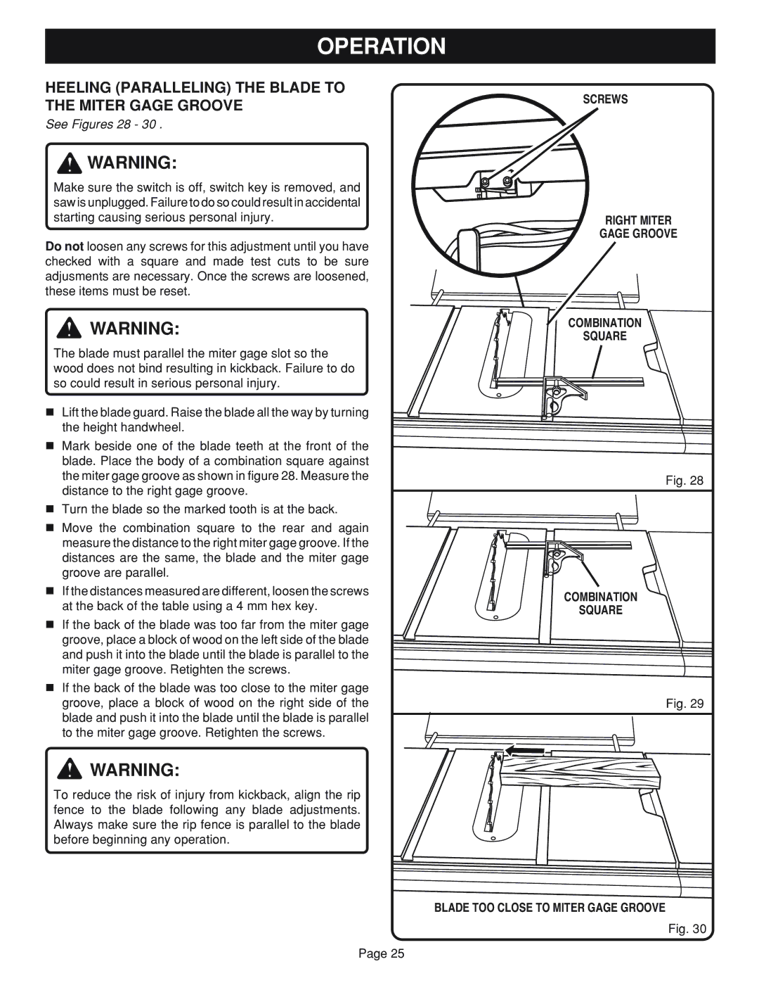 Ryobi Table Saw manual Heeling Paralleling the Blade to the Miter Gage Groove, See Figures 28 