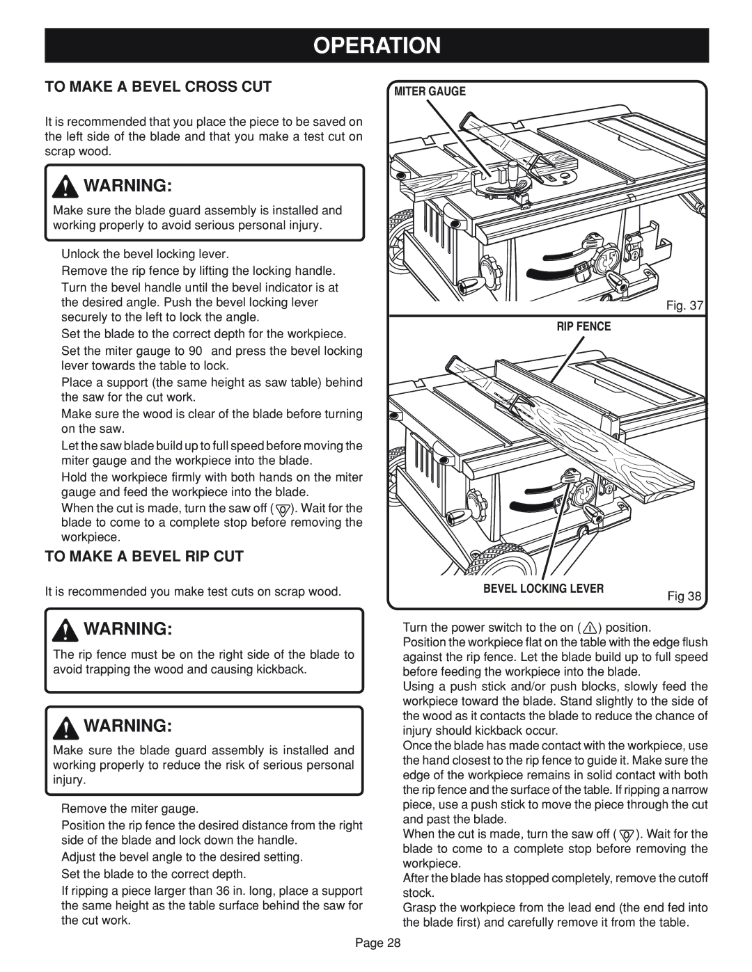 Ryobi Table Saw manual To Make a Bevel Cross CUT, To Make a Bevel RIP CUT, Miter Gauge RIP Fence Bevel Locking Lever 