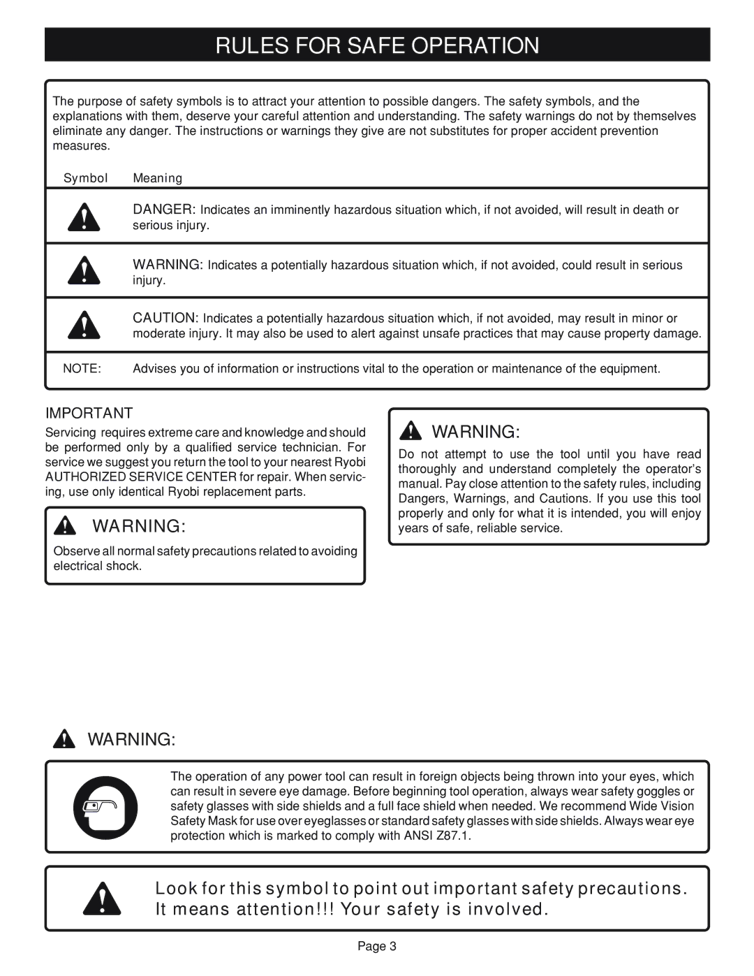 Ryobi Table Saw manual Rules for Safe Operation, Symbol Meaning 