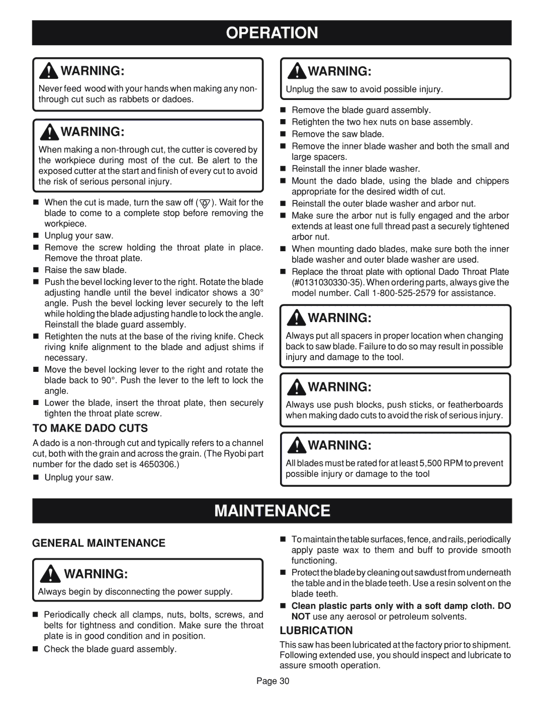 Ryobi Table Saw manual To Make Dado Cuts, General Maintenance, Lubrication 