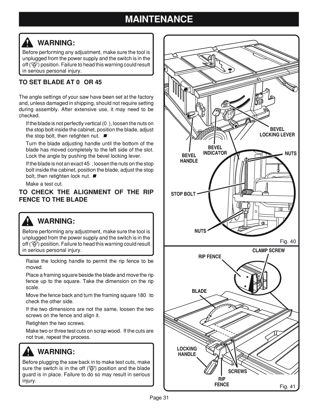 Ryobi Table Saw manual To SET Blade AT 0 or, To Check the Alignment of the RIP Fence to the Blade, Stop Bolt 