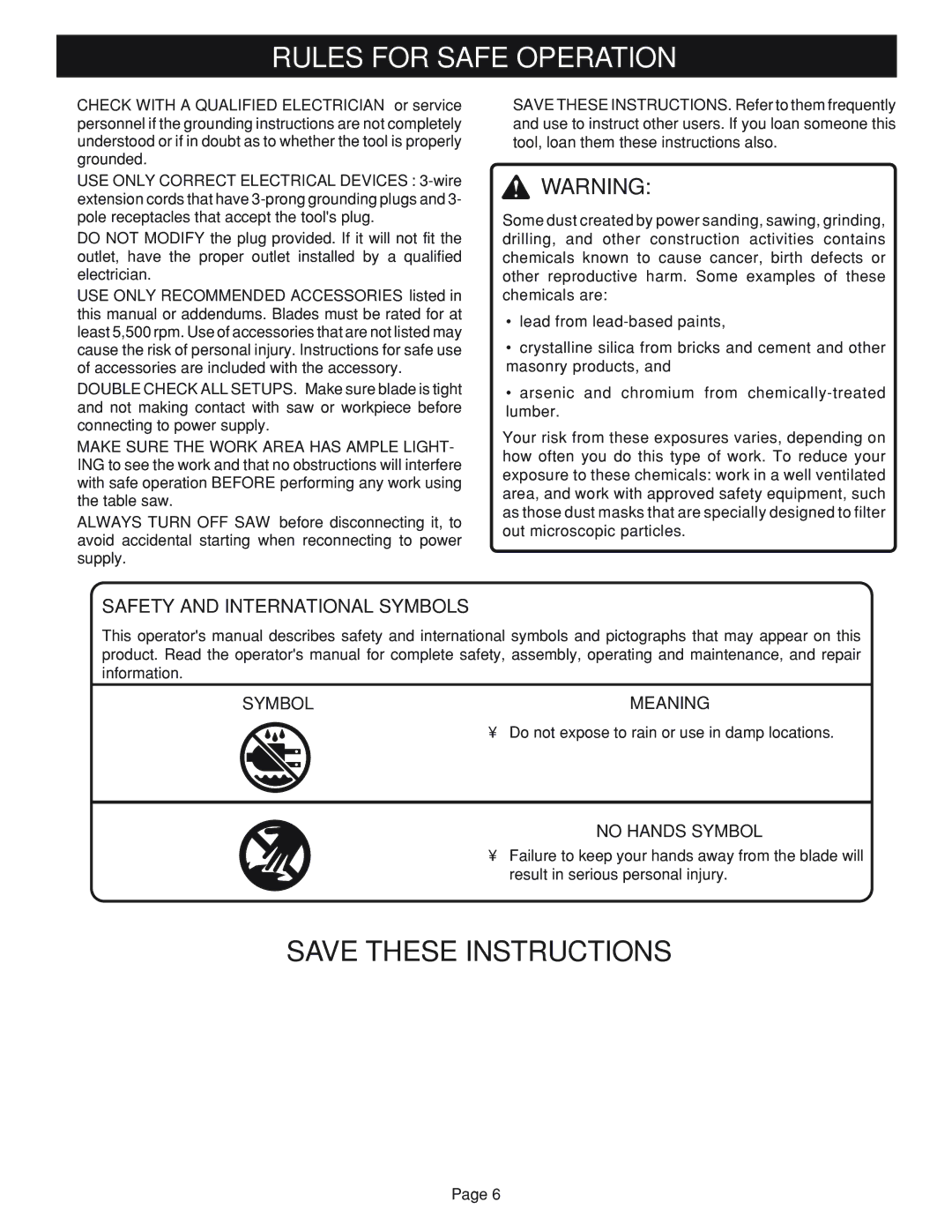 Ryobi Table Saw manual Safety and International Symbols 