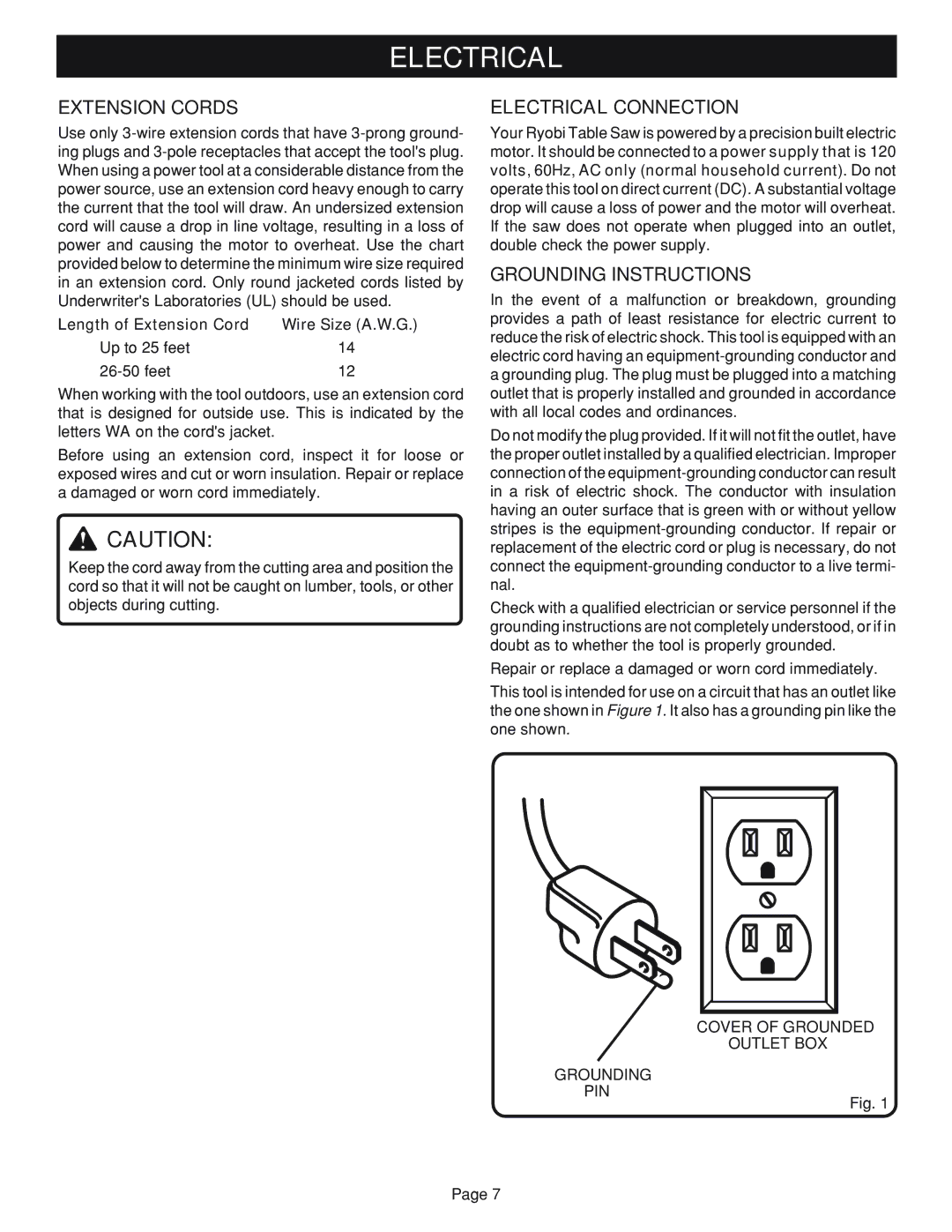 Ryobi Table Saw manual Extension Cords, Electrical Connection, Grounding Instructions 