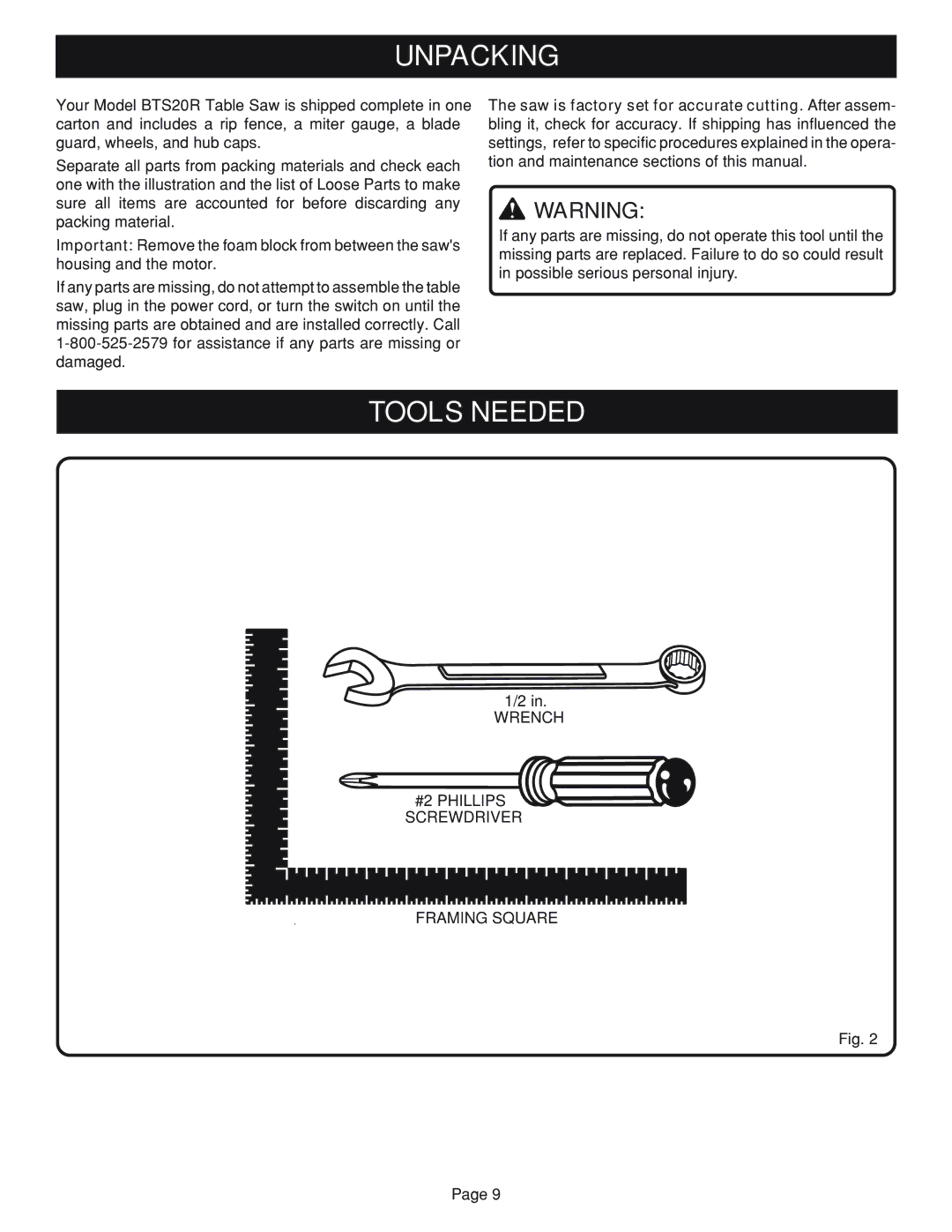 Ryobi Table Saw manual Unpacking, Tools Needed, Wrench #2 Phillips Screwdriver Framing Square 