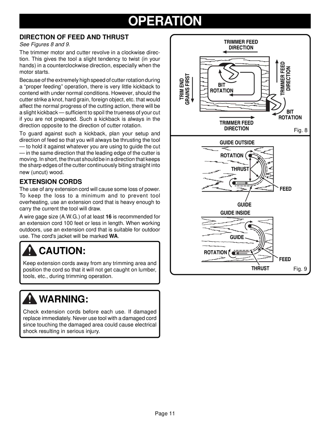 Ryobi TR30 specifications Direction of Feed and Thrust, Extension Cords 