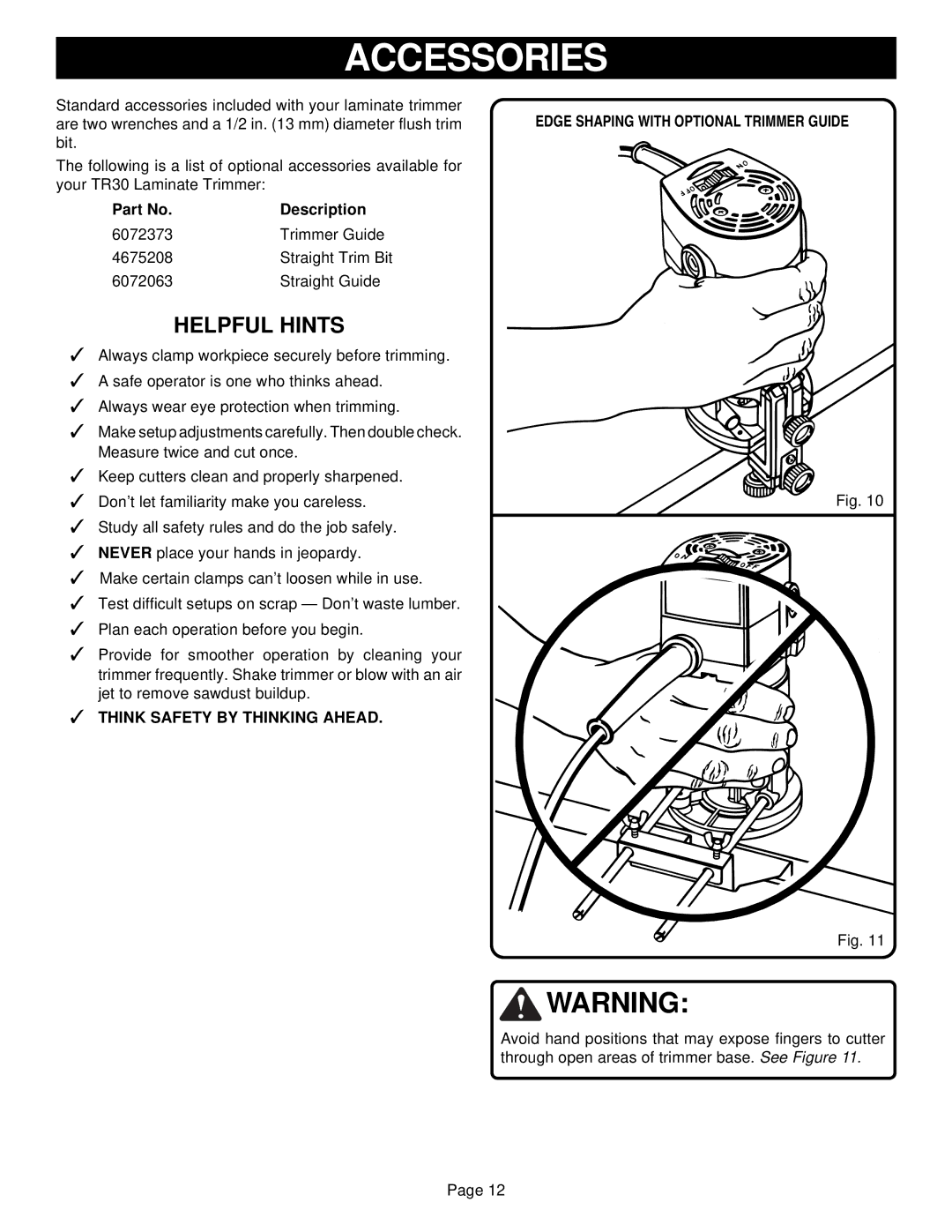 Ryobi TR30 specifications Accessories, Helpful Hints 