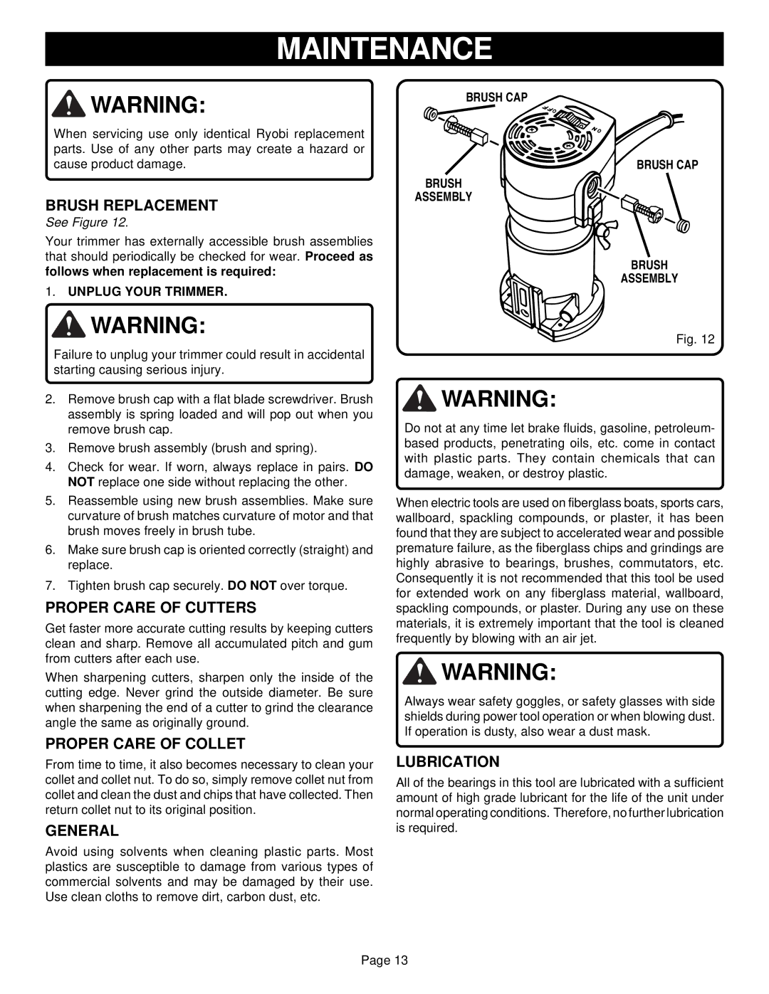 Ryobi TR30 specifications Maintenance 