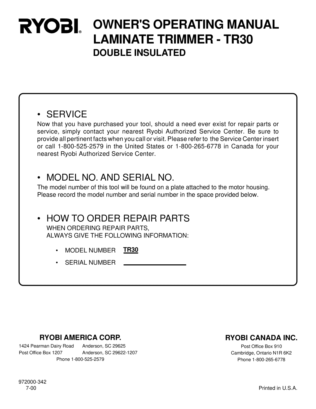 Ryobi specifications Owners Operating Manual Laminate Trimmer TR30 