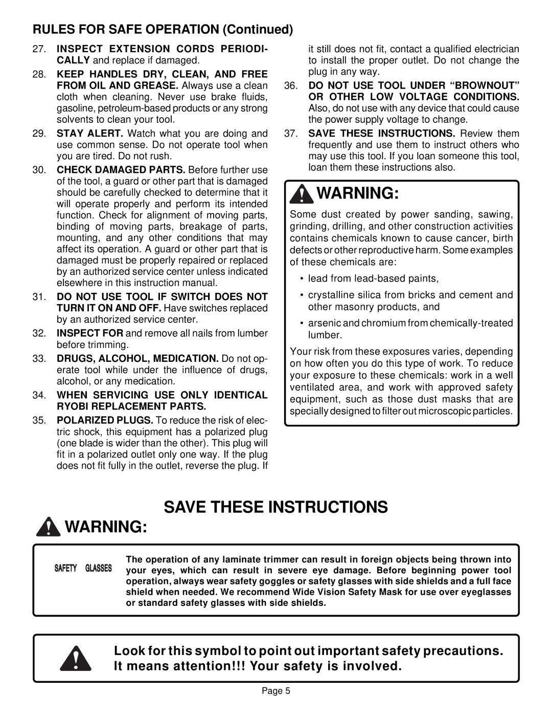 Ryobi TR30 specifications Rules for Safe Operation 