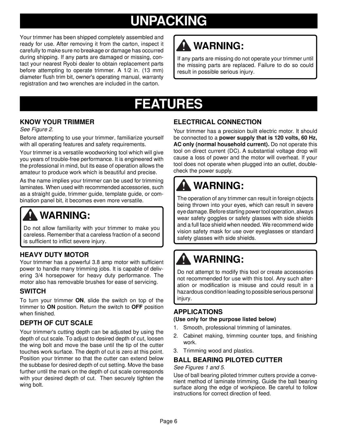 Ryobi TR30 specifications Unpacking, Features 