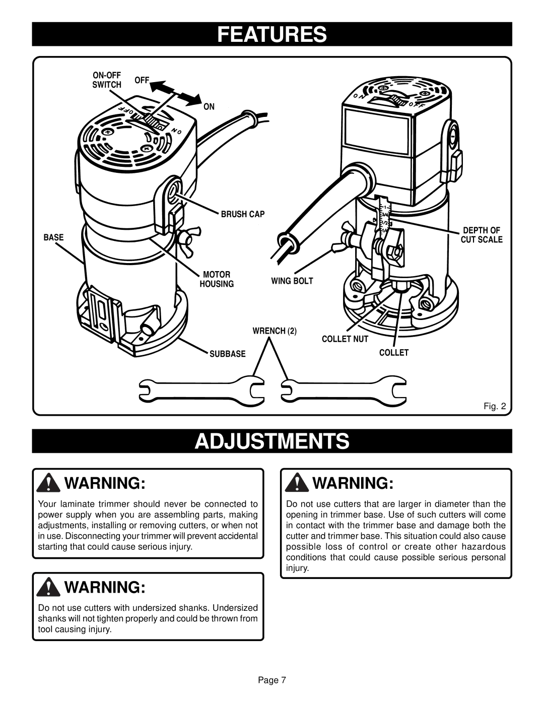 Ryobi TR30 specifications Adjustments 