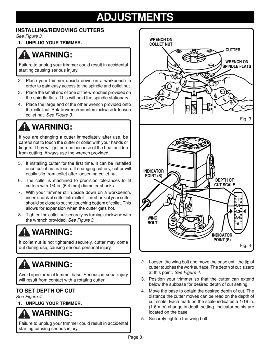 Ryobi TR30 INSTALLING/REMOVING Cutters, To SET Depth of CUT, Unplug Your Trimmer, Cutter Wrench on Spindle Flats 