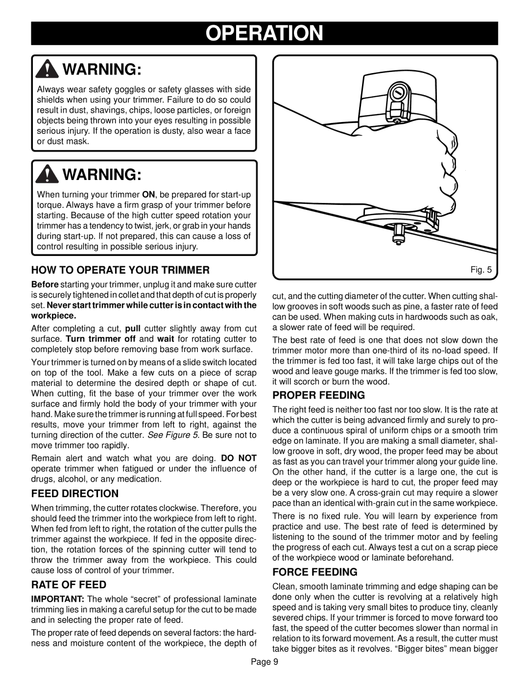 Ryobi TR30 specifications Operation 