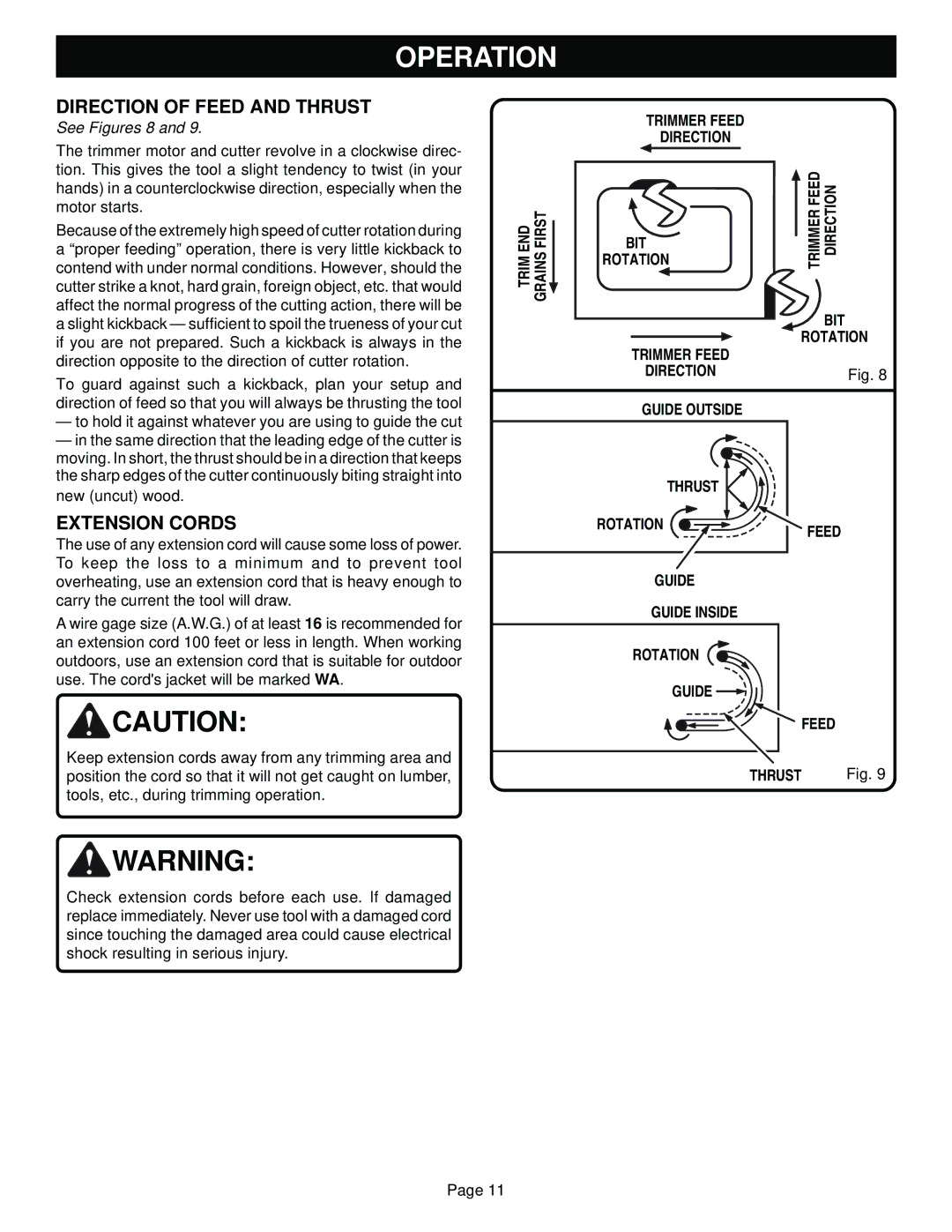 Ryobi TR31-1 Direction of Feed and Thrust, Extension Cords, Trimmer Feed Direction, Guide Outside Thrust Rotation Feed 