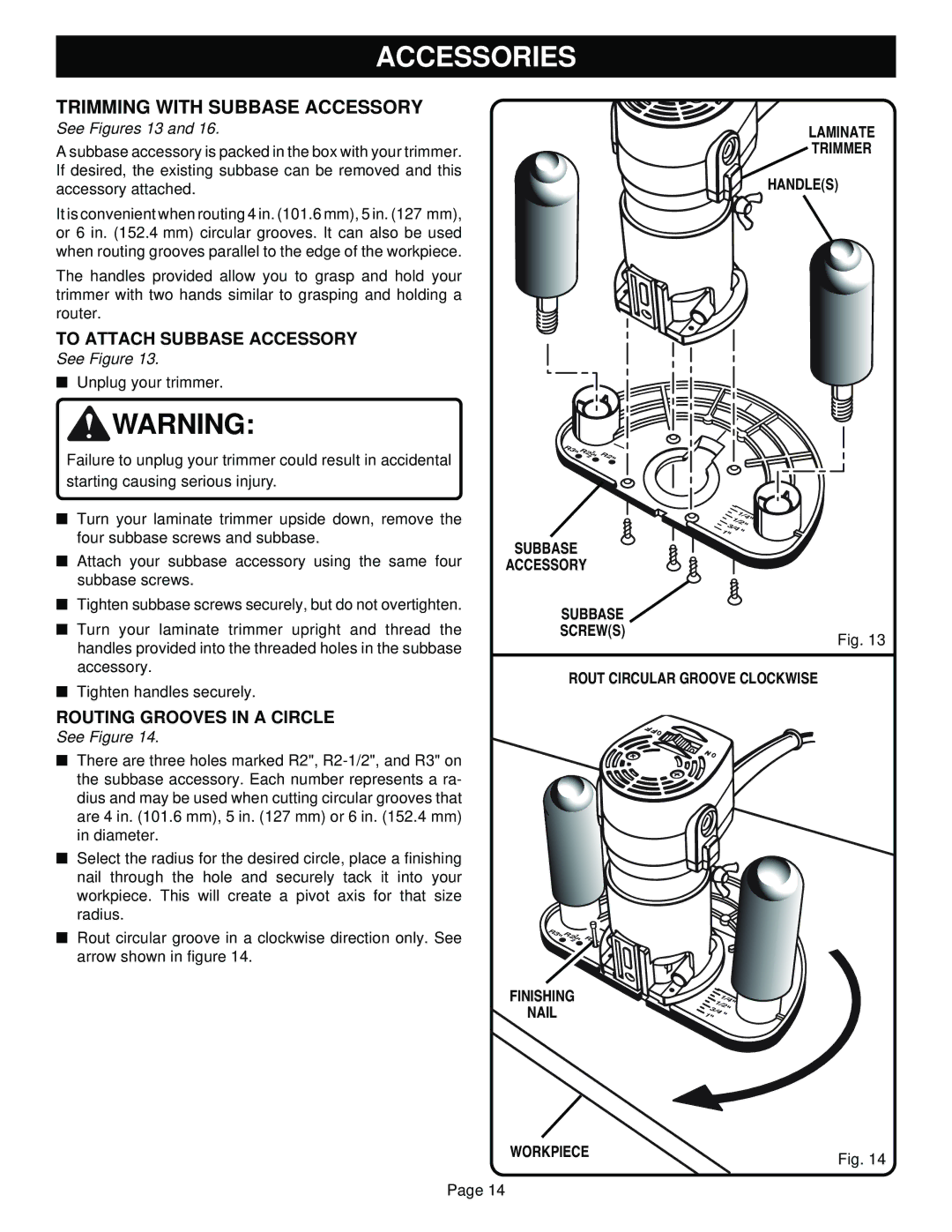 Ryobi TR31-1 specifications Trimming with Subbase Accessory, Workpiece 