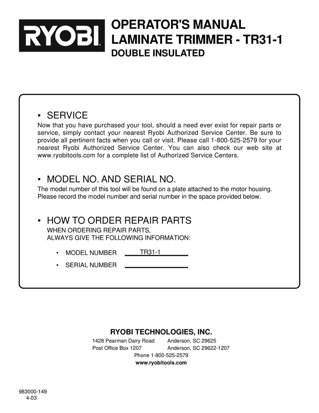 Ryobi specifications Operators Manual Laminate Trimmer TR31-1 