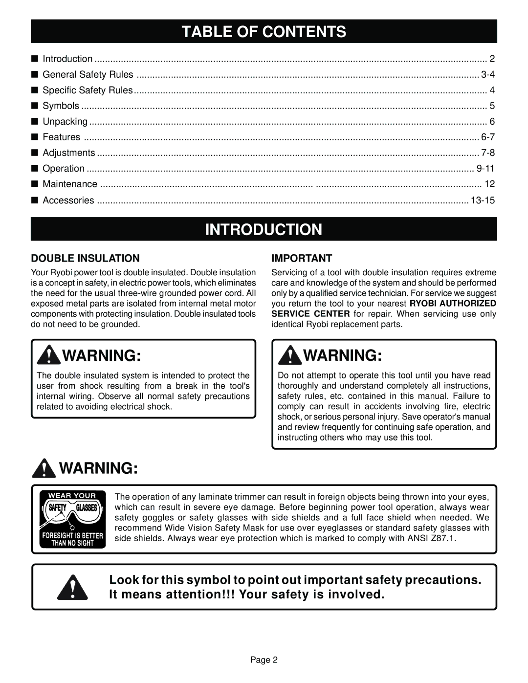 Ryobi TR31-1 specifications Introduction, Table of Contents 