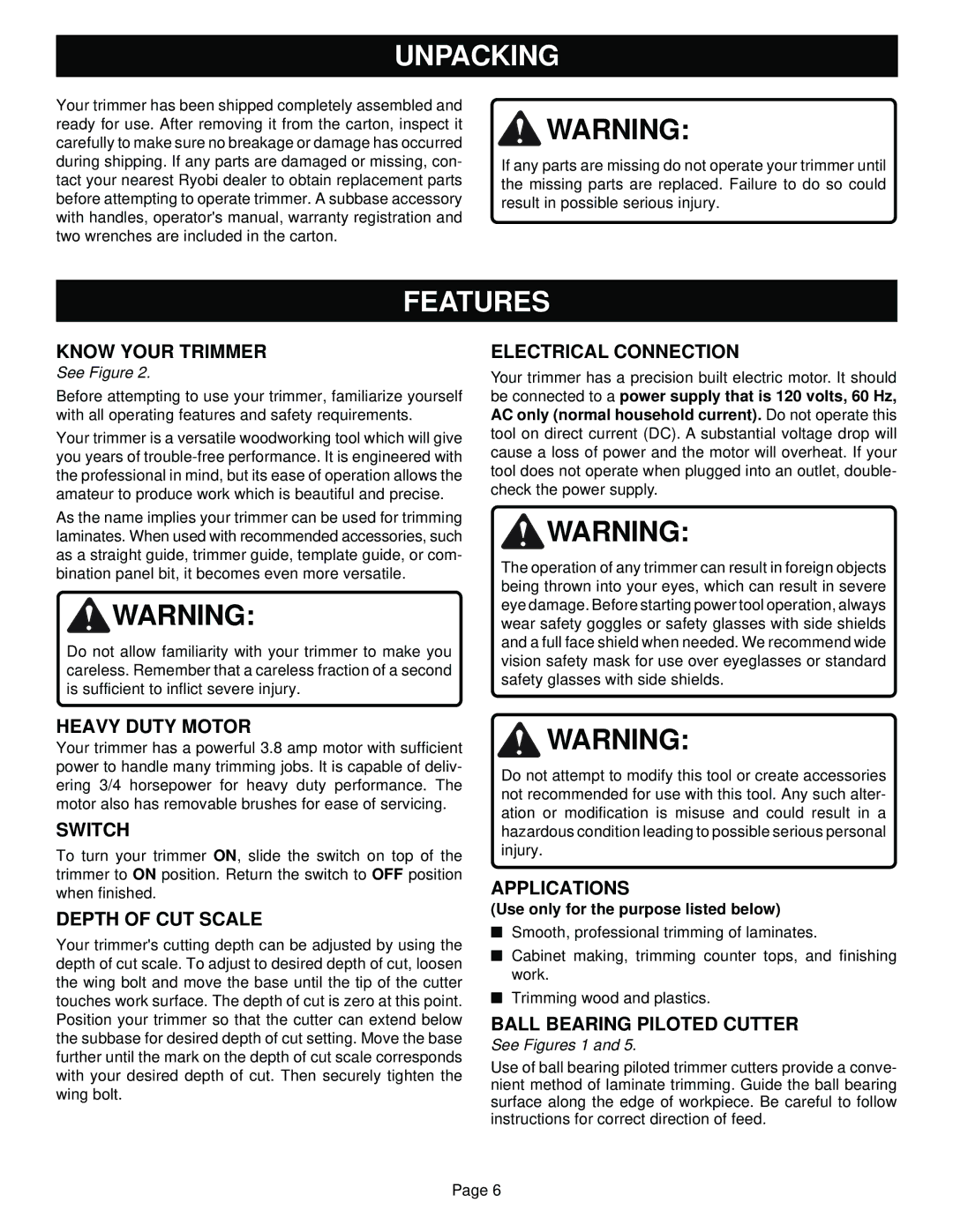 Ryobi TR31-1 specifications Unpacking, Features 