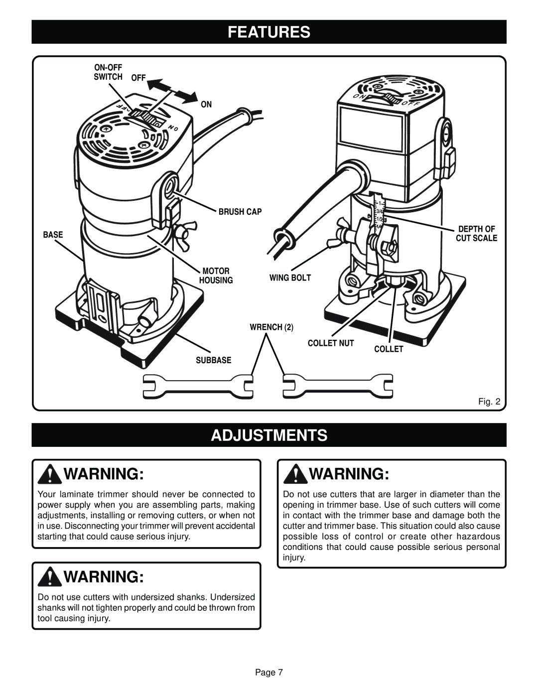 Ryobi TR31-1 specifications Adjustments, ON-OFF Switch OFF, Brush CAP Depth Base, Wrench Collet NUT Subbase CUT Scale 