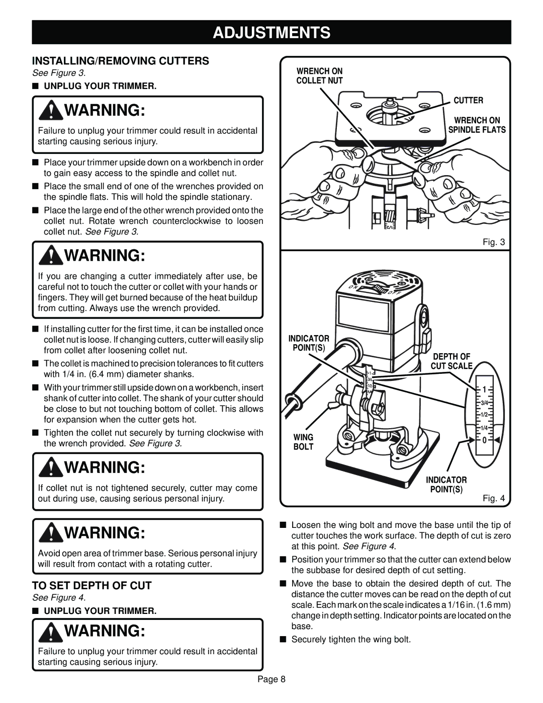 Ryobi TR31-1 specifications INSTALLING/REMOVING Cutters, To SET Depth of CUT, Unplug Your Trimmer 