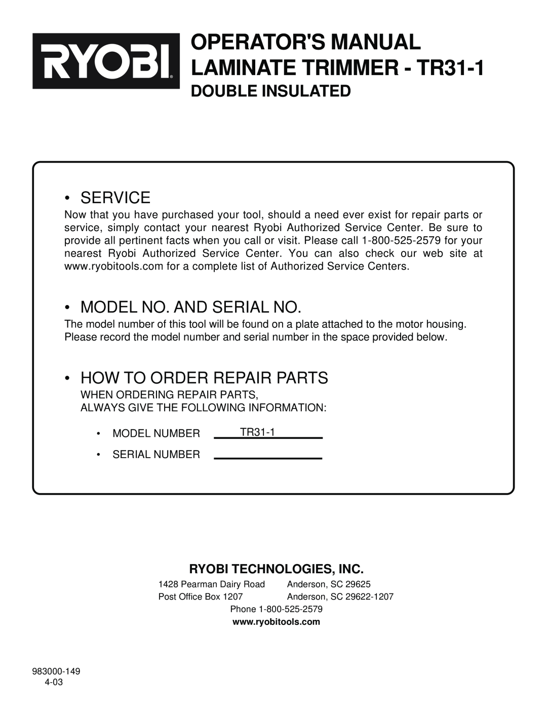 Ryobi specifications OPERATORS MANUAL LAMINATE TRIMMER - TR31-1, Ryobi Technologies, Inc, Double Insulated, Service 