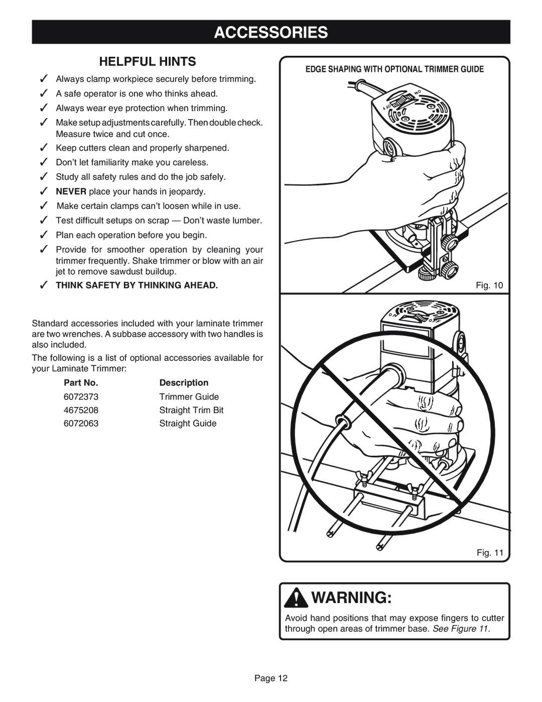 Ryobi TR31 specifications Accessories, Think Safety by Thinking Ahead 