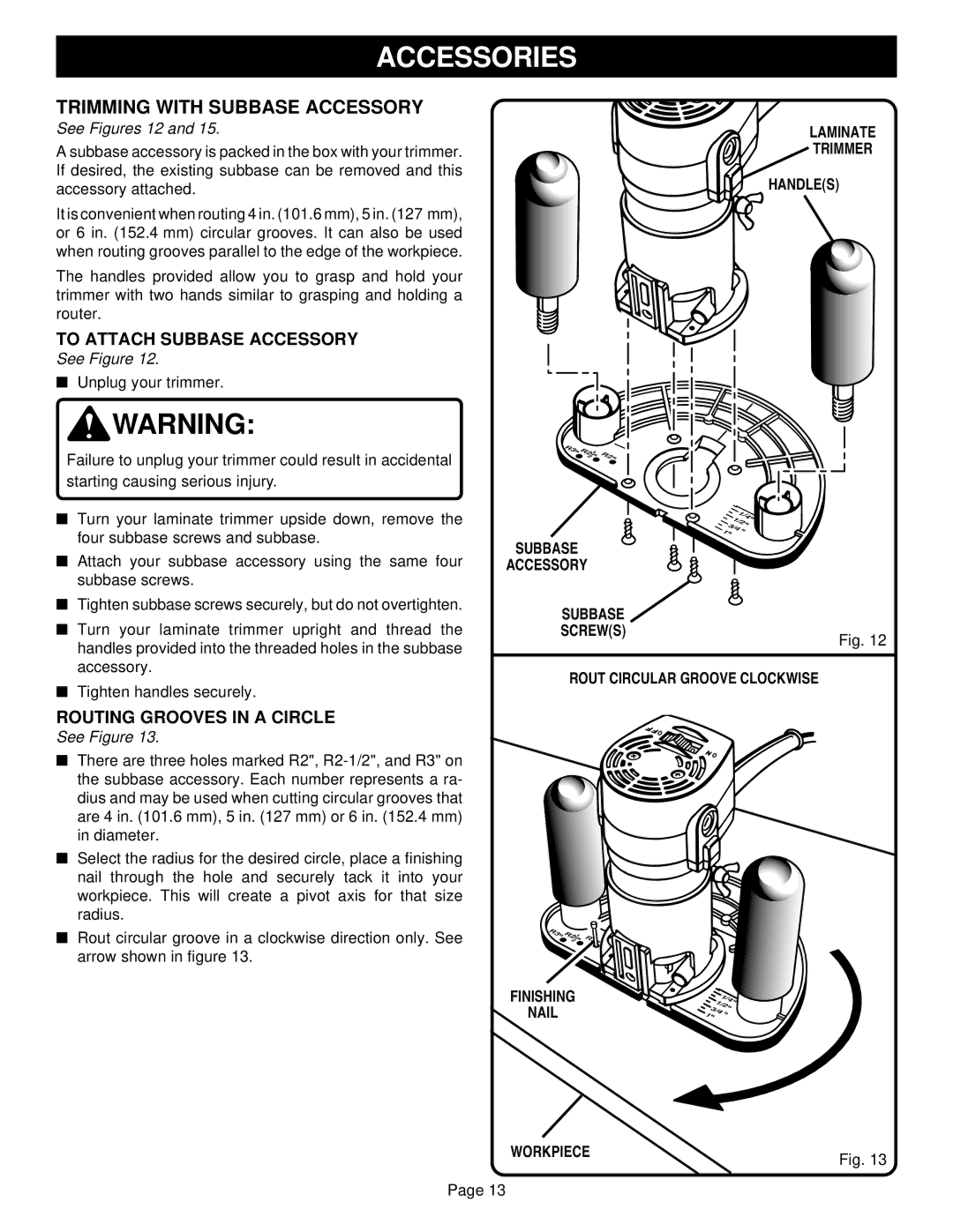 Ryobi TR31 specifications Trimming with Subbase Accessory, See Figures 12, Workpiece 