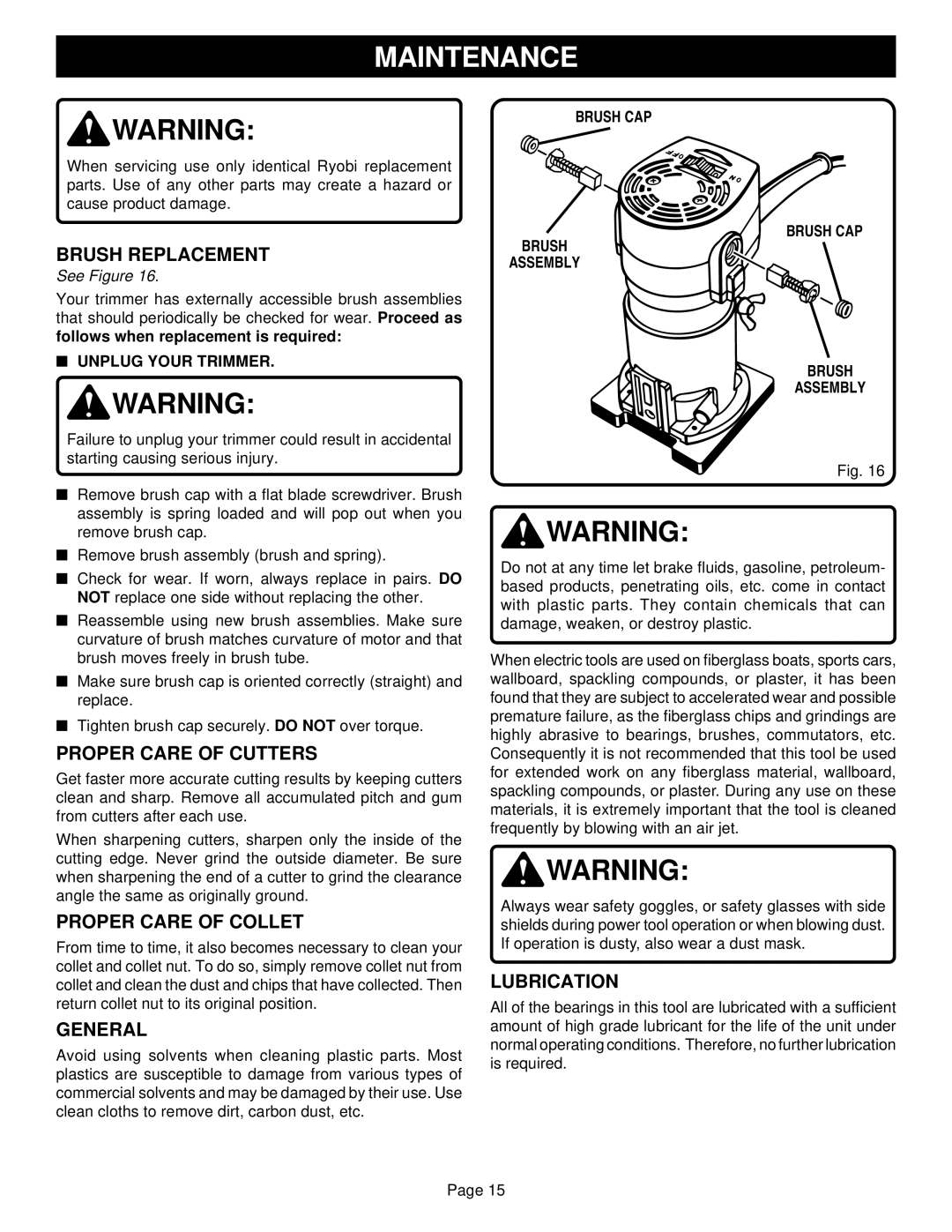 Ryobi TR31 specifications Maintenance 